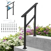 2 Step Outdoor Stair Railing Handrail, Aluminium Handrail for 1 to 2 Steps, Porch Stairs Hand Rail Railings Kit Wrought Mattle Iron Exterior Hand Rails for Concrete Steps, Porch Steps, Black