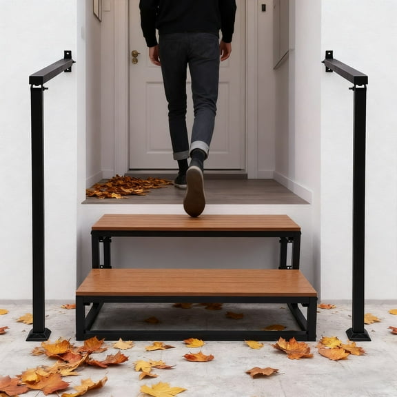 2 Steps Stairs with Handrail Garage Steps ,Outdoor Wooden Stairs