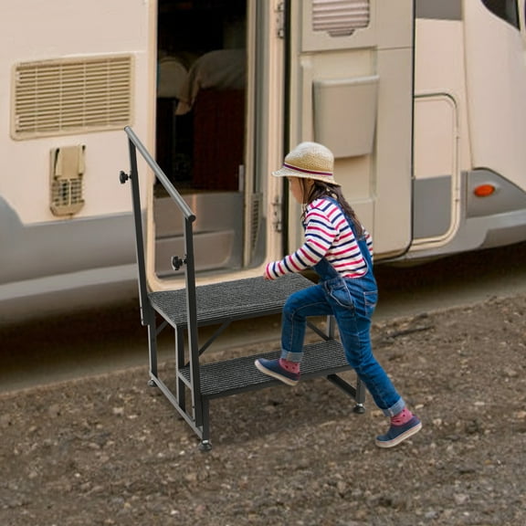 2-Step Steel RV Steps Hot Tub Steps with Handrail ＆ Non-Slip Mat