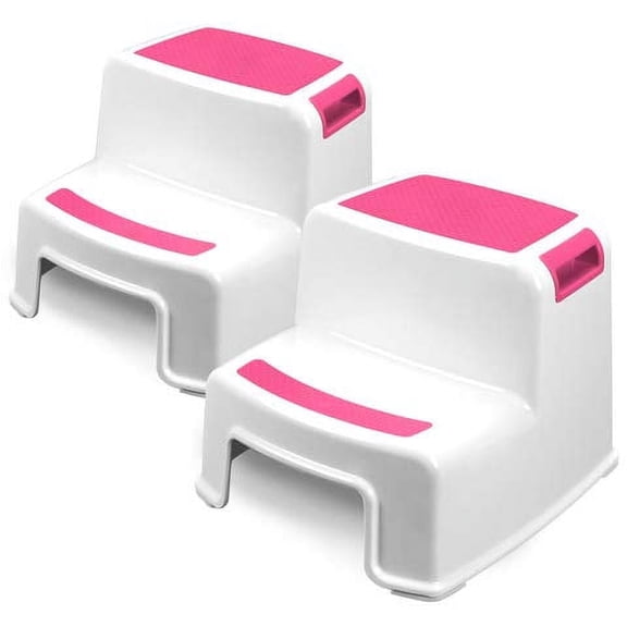 2 Step Stepping Stools for Kids - 2 Pack, Pink| Child, Toddler Safety Steps for Bathroom, Kitchen and Toilet Potty Training| Non Slip Feet & Textured Friction Grip, Easy-Grab Handle| Stackable
