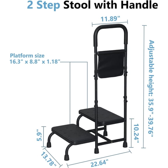 2 Step Stool with Adjustable Handle for Elderly Adults, Portable Footstool Bed Steps for High Beds, Two Step Stools for Seniors with Non-Skid Platform, Foot Stool for Kitchen Bathtub (Black)