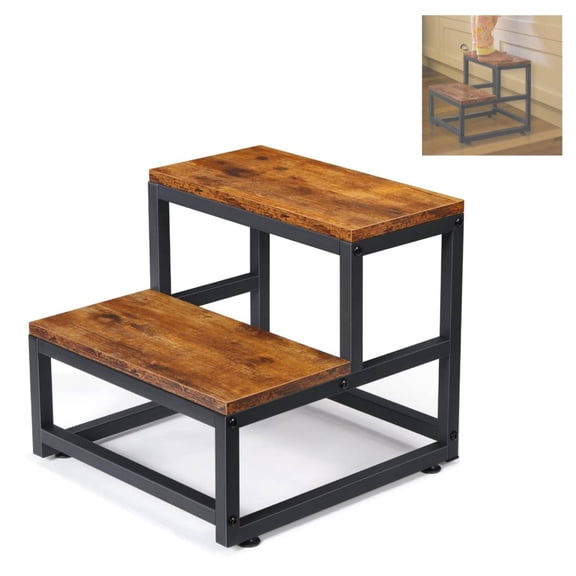 2 Step Stool for Adults, Heavy Duty Sturdy Steel Frame with Wooden Steps, Bedside Foot Stool with 500lbs Load Capacity, Non-Slip Step Stool for High Bed, Kitchen, RV Step - Rustic Brown