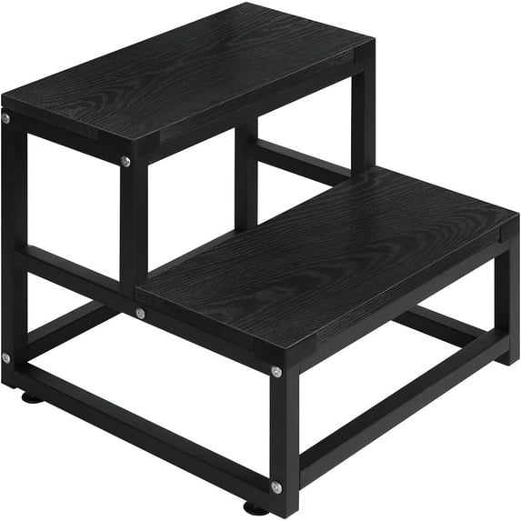 2 Step Stool for Adults Kids, Heavy Duty Sturdy Steel Frame with Wooden Steps, Bedside Foot Stool with 500lbs Load Capacity, Non-Slip Step Stool for High Bed, Kitchen, RV Step - Black