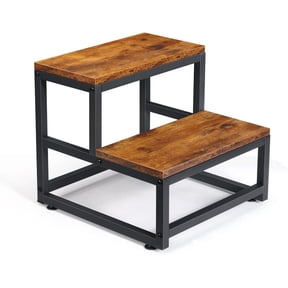 2 Step Stool for Adults Kids, Heavy Duty Sturdy Steel Frame with Wooden Steps, Bedside Foot Stool with 500lbs Load Capacity, Non-Slip Step Stool for High Bed, Kitchen, RV Step - Rustic Brown