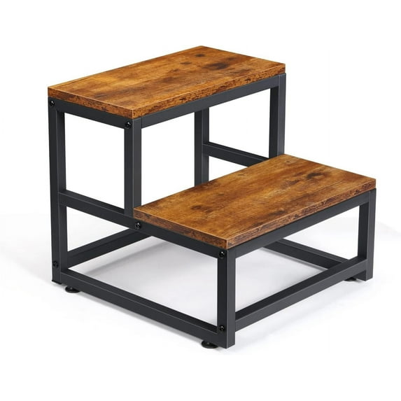 2 Step Stool for Adults Kids, Heavy Duty Sturdy Steel Frame with Wooden Steps, Bedside Foot Stool with 500lbs Load Capacity, Non-Slip Step Stool for High Bed, Kitchen, RV Step - Rustic Brown