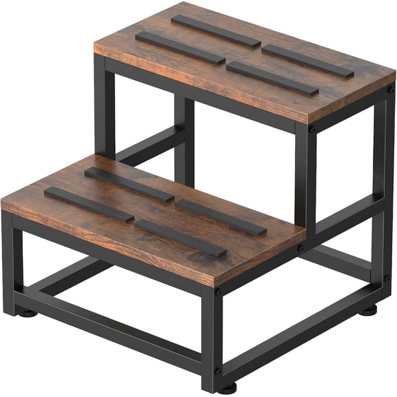 2 Step Stool for Adults Kids, Heavy Duty Sturdy Steel Frame with Wooden Steps, Bedside Foot Stool with 500lbs Load Capacity, Non-Slip Step Stool for High Bed, Kitchen, RV Step - Rustic Brown