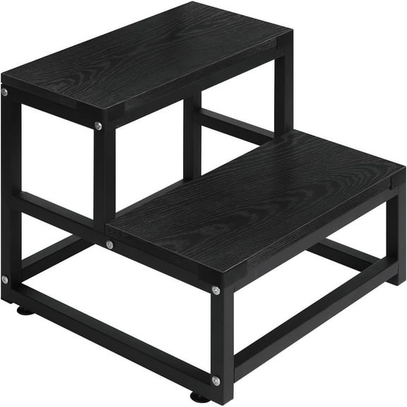 2 Step Stool for Adults Kids, Heavy Duty Sturdy Steel Frame with Wooden Steps, Bedside Foot Stool with 500lbs Load Capacity, Non-Slip Step Stool for High Bed, Kitchen, RV Step - Black