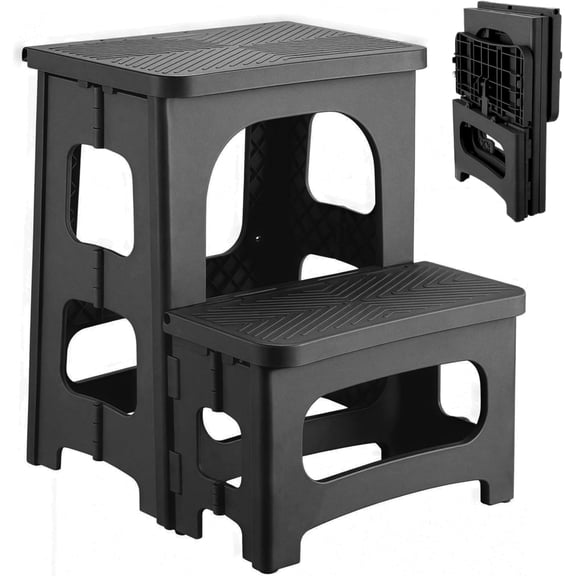 2 Step Stool Foldable, Non-Slip Steps, Folding Step Stool for Adults , Plastic Stool Pool Ladder, Collapsible Stools 2 Step Ladder for Kitchen Toilet Bedroom Office RV, Holds 330 lbs, Black
