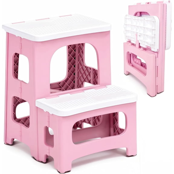 2 Step Stool Foldable, Non-Slip Steps, Folding Step Stool for Adults , Plastic Stool Pool Ladder, Collapsible Stools 2 Step Ladder for Kitchen Toilet Bedroom Office RV, Holds 330 lbs, Black