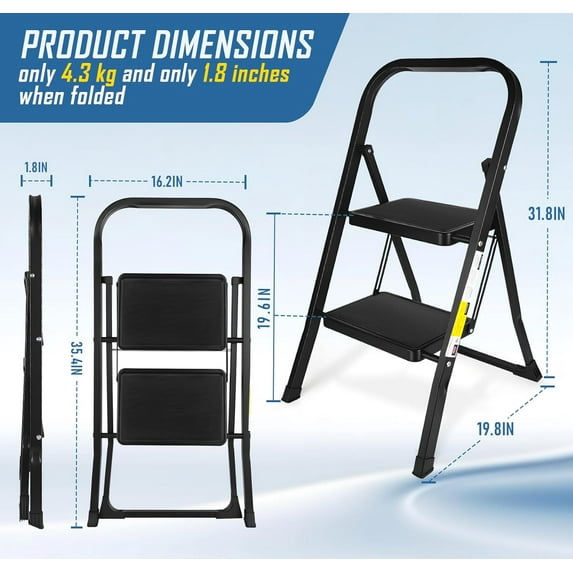 2 Step Stool, Folding Step Stool - Wide Anti-Slip Pedal, Portable Steps Stool for Household, Kitchen, Office (Matte Black)