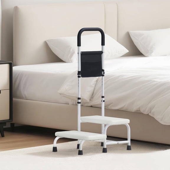 2 Step Stool with Handle for Elderly Adults, Portable Footstool Bed Steps for High Beds, Two Step Stools for Seniors with Adjustable Handrail Non-Skid Platform, Foot Stool for Kitchen Bathtub (White)