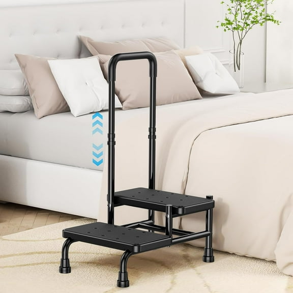 2 Step Stool with Handle for Elderly, Heavy Duty Step Stool with Adjustable Handrail, Non-Skid Platform and 4 Fixing Buckle, Bed Steps for High Beds for Adults, Seniors, Hold up to 400LBS