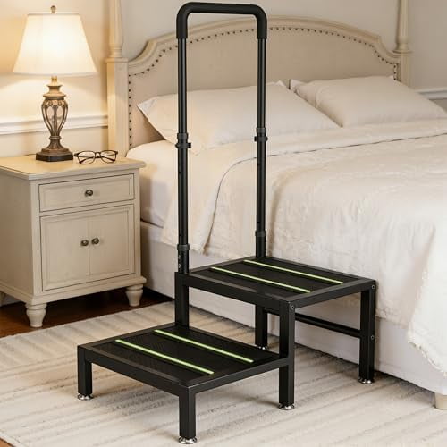 2 Step Stool with Handle, Heavy Duty Step Stool for Elderly and Adults, Adjustable Handrail with Non-Slip Platform, Bedside Steps for High Beds, Kitchen and Bathroom$$Office