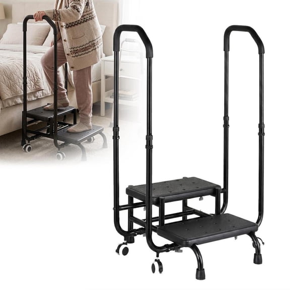2 Step Stool with Handle, Heavy Duty Step Stool for Elderly and Adults, Adjustable Handrail with Non-Slip Platforms, Bedside Steps for High Beds, Kitchen and Bathroom
