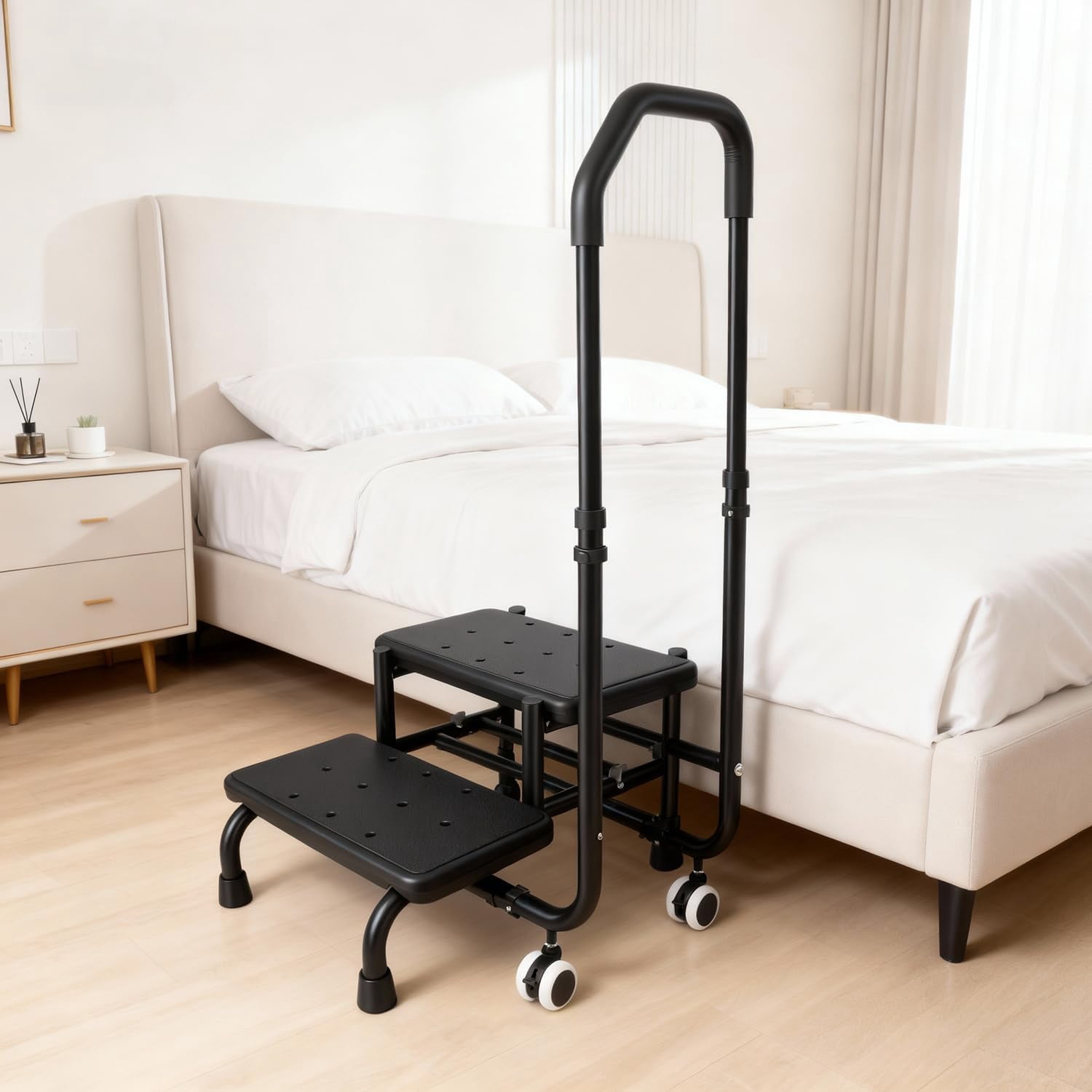 2 Step Stool with Handrail & 2 Casters for Elderly, Bed Steps for High