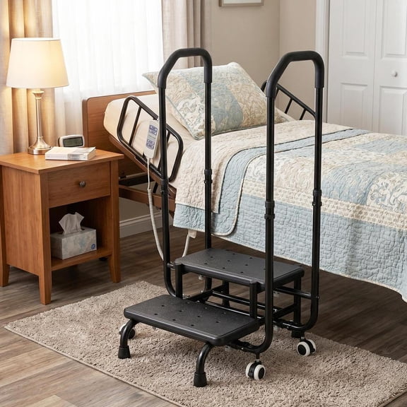 2 Step Stool with Handrail & 2 Casters for Elderly, Bed Steps for High Beds for Adults, Non Slip Platforms and Adjustable Handrail, for Kitchen Bathroom RV Bathtub, Assist Rail for Elderly, black