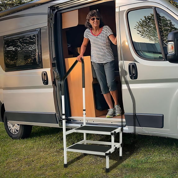 2 Step Stool Ladder with Adjustable Handrail for Elderly, Heavy Duty 400 lbs Capacity Anti-Skid Platform