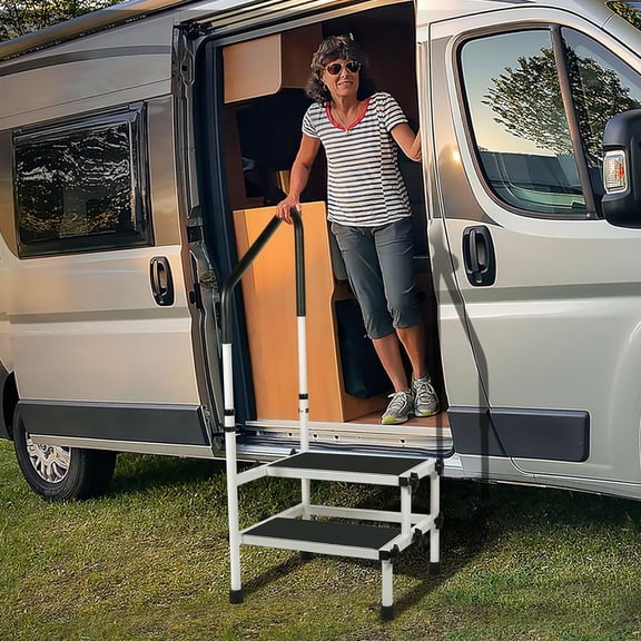2 Step Stool Ladder with Adjustable Handrail for Elderly, Heavy Duty 400 lbs Capacity Anti-Skid Platform