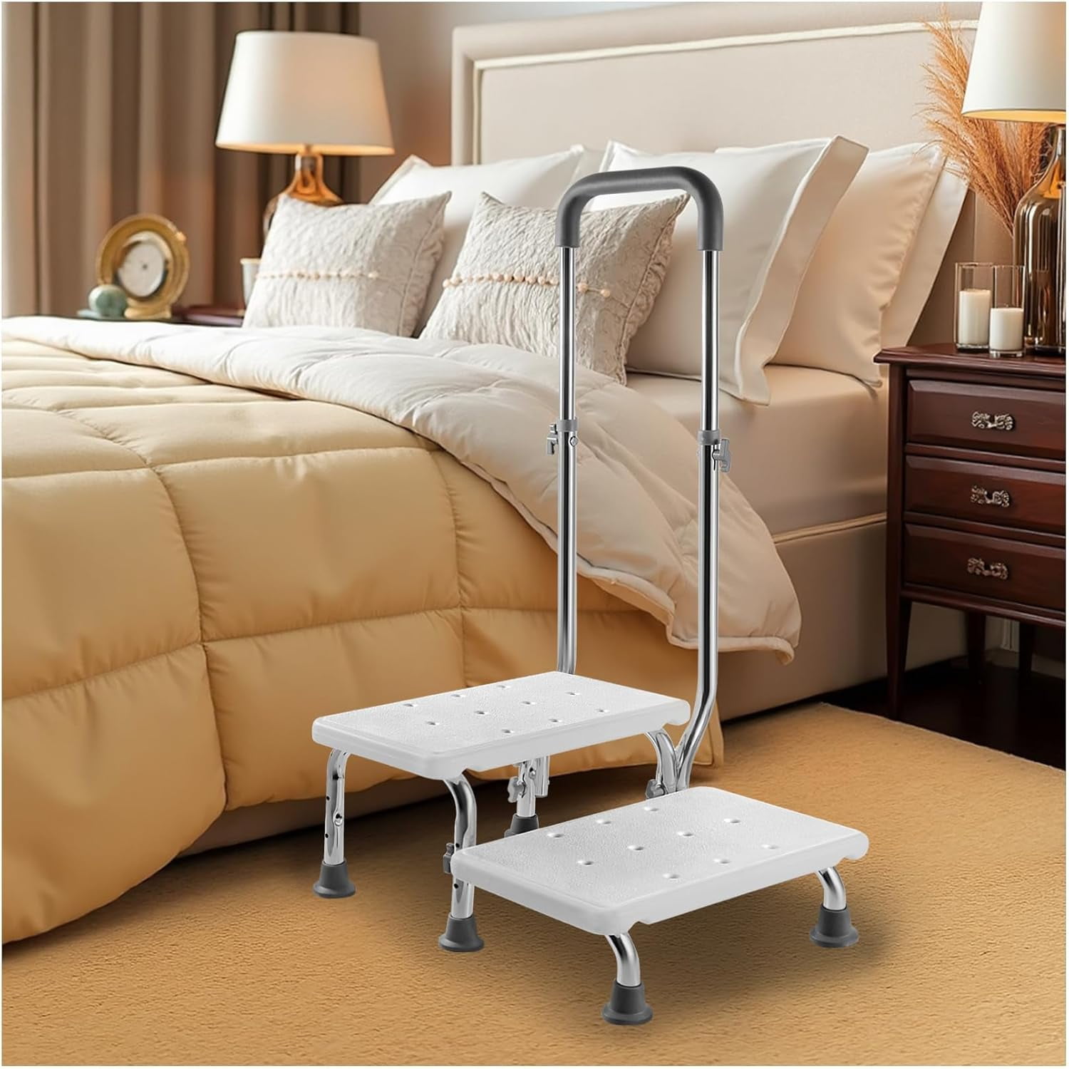 2 Step Stool with Handle for Elderly - Non-Slip Bedside Steps with ...