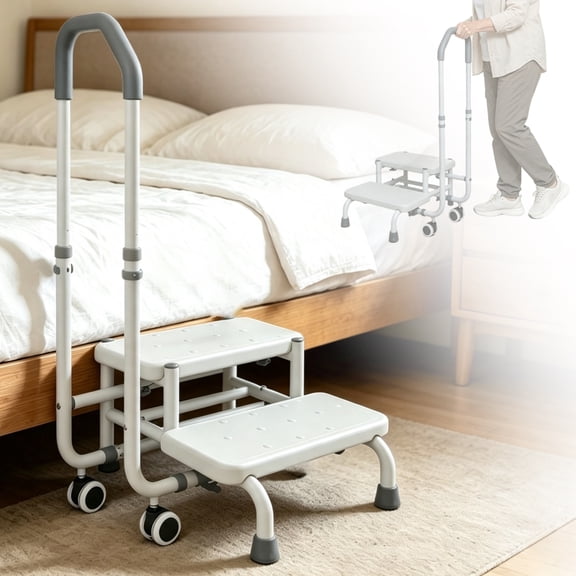 2 Step Stool with Handle for Elderly, Rolling Step Stool with Locking Wheels, Height Adjustable Handrail, 300 lbs Capacity for Bed and Bathroom Use