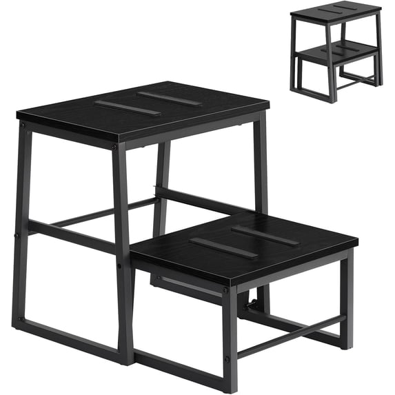 2 Step Stools for Adults & Kids, Heavy Duty 2-in-1 Adjustable Retractable Wooden Step Stool, Metal Frame, Non-Slip Bedside Footstool for Bed, Kitchen, Bathroom, RV Steps - Black