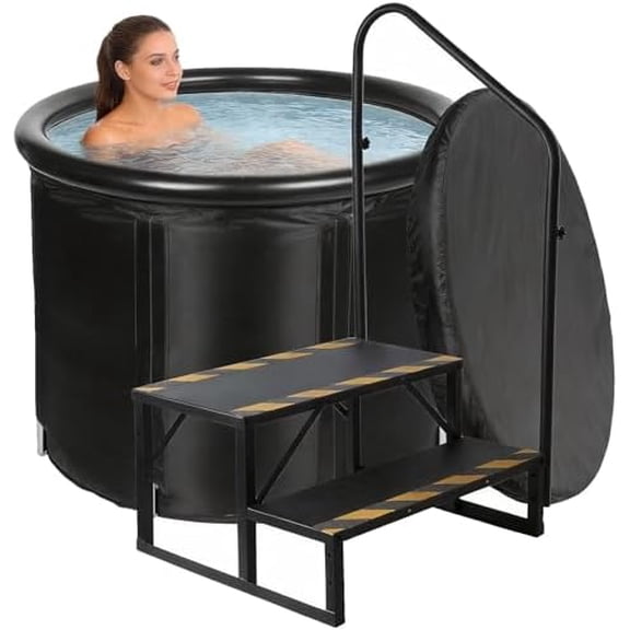 2 Step Swimming Pool Steps with Handrail - Heavy Duty Solid Steel Stairs for In Ground Pools, Outdoor Deck, Spa and Hot Tub (Black)$$Garden & Patio