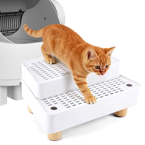 2 Step White Pet Litter Box Ramp with Wooden Feet