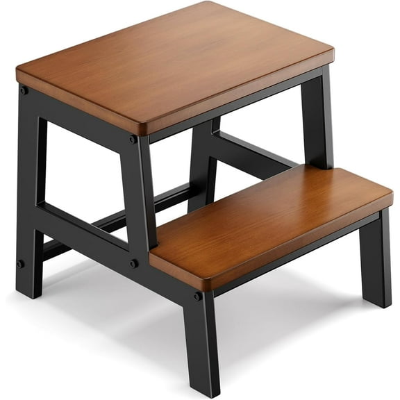 2 Step Wooden Step Stools for Adults Non-Slip, Sturdy Bed Steps for High Beds Easy Assembly, Portable Two Step Stool for Kitchen Bathroom Bedroom - Holds Up to 500 Lb