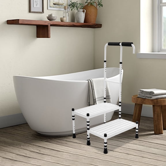 2 Steps White Floor Standing Step Stool Adult Ramp with Handrail Metal Stepping Stool for Homes, Libraries