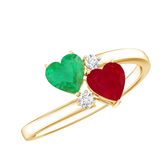 Rosec Jewels Natural Ruby Emerald Heart Promise Ring (AAA Quality) - Toi Et Moi Ring for Women - Ready to Gift for Valentines Day, 10K Yellow Gold, US 3.00