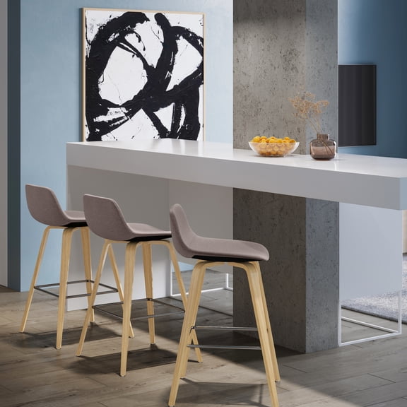 2 Stools - Low-profile Back, Upholstery, Wood And Mix Mid-century Style Stool (2) Fabric Seat, Trim