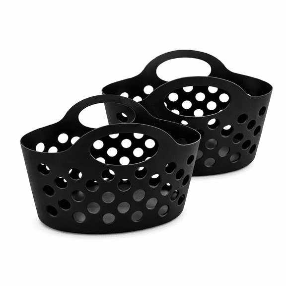 (2) Storage Basket Plastic Organizer Bin Black Oval Container With Handles Perforated Utility Bathroom Kitchen Pantry Shelf Countertop Organizer 12x12x6