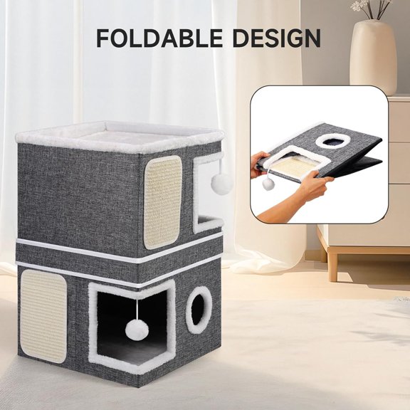 2-Storey Cat Houses for Indoor Cats, Dual-Purpose Double Large Cat Beds Cave with Hideaway Condos, Scratch Pads, Fluffy Balls, Foldable Indoor Cat Cube House for Multi Small Pets Kitten, Grey