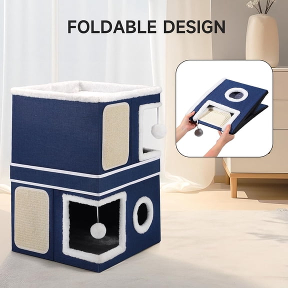 2-Storey Cat Houses for Indoor Cats, Dual-Purpose Double Large Cat Beds Cave with Hideaway Condos, Scratch Pads, Fluffy Balls, Foldable Indoor Cat Cube House for Multi Small Pets Kitten, Blue