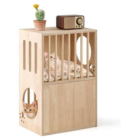 2-Storey Wood Cat House for Indoor Cats, Natural Wooden Double Decker Cat Condo with Removable and Washable Soft Cushions, , and Side Entries, Modern Pet Furniture Side Table