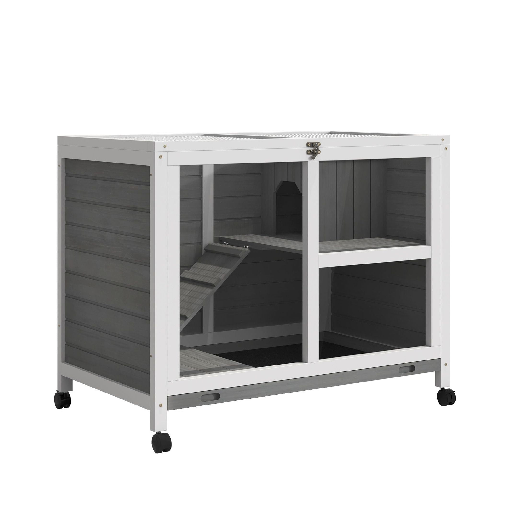 2-Story Bunny Hutch Indoor, Wooden Guinea Pig Cage with Wheels & Lockable Doors - Gray Rabbit Habitat for Small Pets