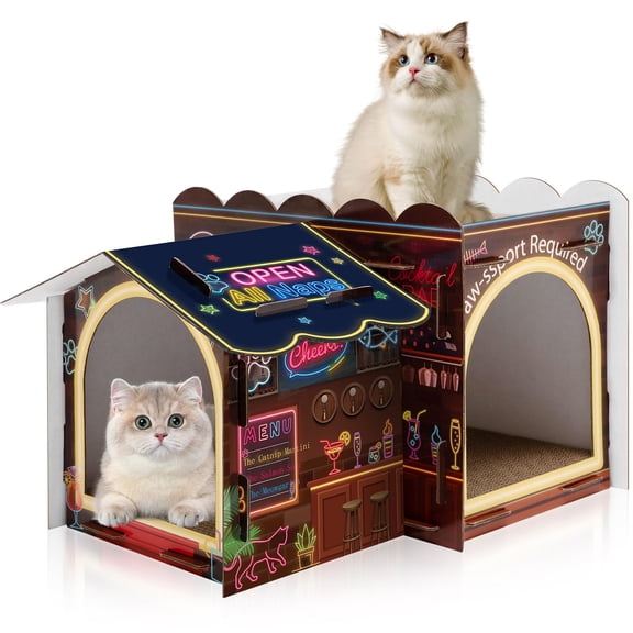 2 Story Cardboard Cat House With Scratcher Pad  Multi Level Durable For Small Kitten Bunny Rabbit Animals Christmas Birthday Gift(17x12x10 Bar)