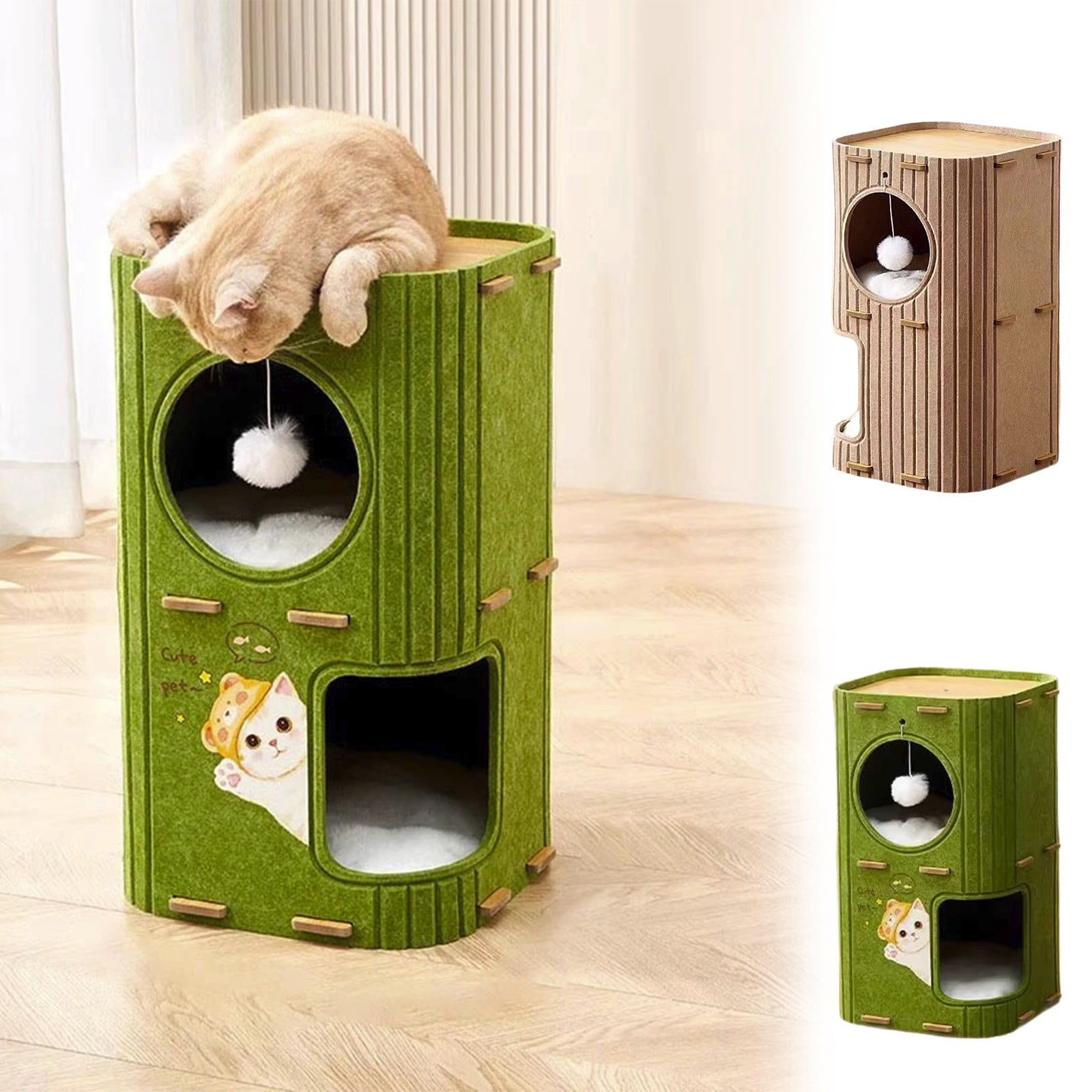 2-Story Felt Cat House With Washable Mats,Indoor Cat Bed Cave For Multiple Pets,14.57x14.57x23.62 Inch Cozy Hideaway With Tunnel,Detachable Design For Easy Cleaning,Brown And Green