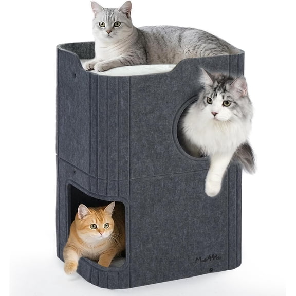 2-Story Foldable Cat House Cave with Scratch-Resistant Felt, Multi-Cat Hideaway Condo Bed for Indoor Use, Easy-to-Clean Grey Cube Design