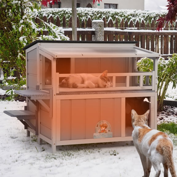 2-Story Insulated Outdoor Cat House with Balcony Weatherproof Cat Shelter with 0.2-inch Insulation Layer Escape Door for Feral Stray Cats