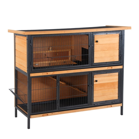 " 2-Story Large Rabbit Hutch Bunny Cage Wooden Pet House Metal Frame with Individual Room, Ramp, No Leak Tray, Feeding Trough, Waterproof Asphalt Roof for Outdoor/Indoor
