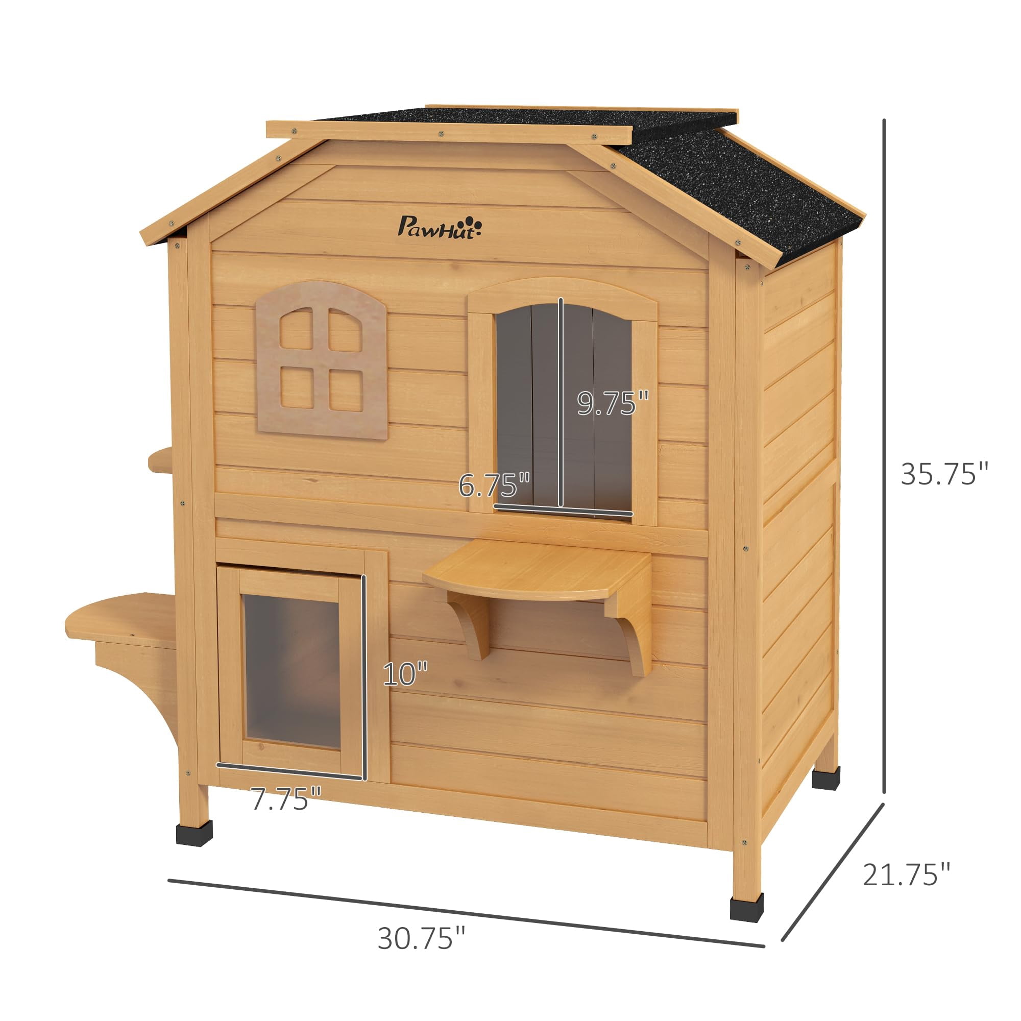 2 Story Outdoor Cat House for Feral Cats, Weatherproof Wooden Cat Enclosure with Escape Door, Openable Roof, Jumping Platforms, Natural Wood Color