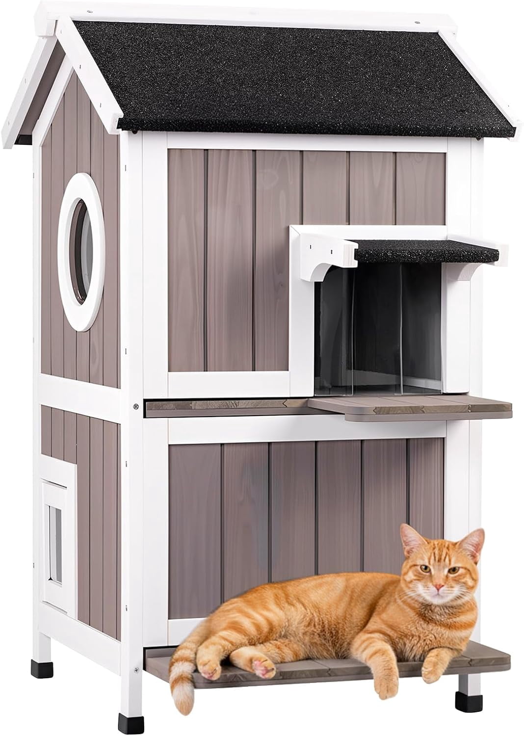 2 Story Outdoor Cat House for Winter Weatherproof Feral Cat Enclosure Shelter with Escape Door Balcony Openable Roof