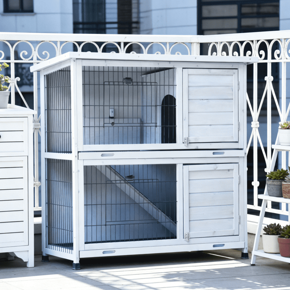 2-Story Outdoor Rabbit Hutch with Run, Waterproof Roof & Removable Trays for Small Animals