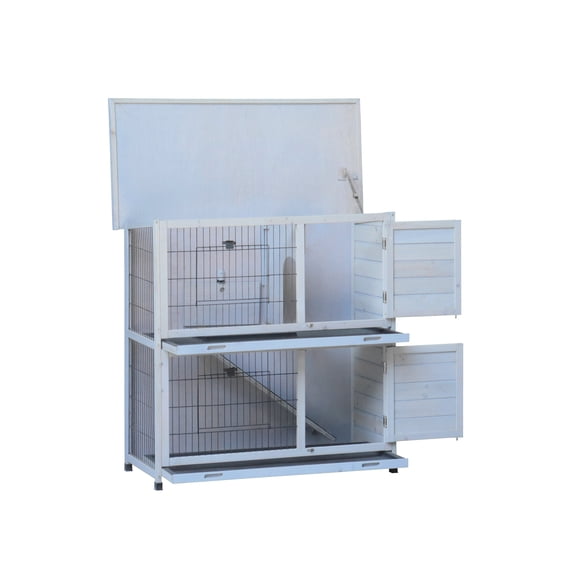 2-Story Rabbit Hutch Outdoor, 41 Large Bunny Cage with Run, Metal & Wood Pet Cage with 2 Removable No-Leak Trays, Non-Slip Ramp, Waterproof Roof for Small Animals