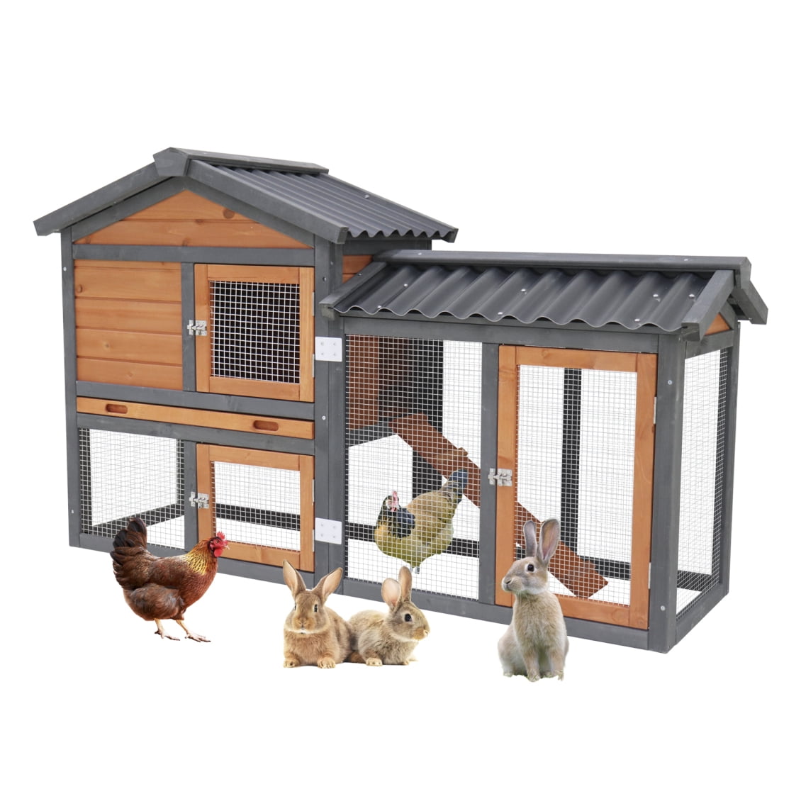2-Story Rabbit Hutch with Run, 58" Bunny Cage with 1 Pull-Out Tray, 3 Lockable Doors and Waterproof Roof for Rabbits, Guinea Pigs, Small Pets, Grey+Red