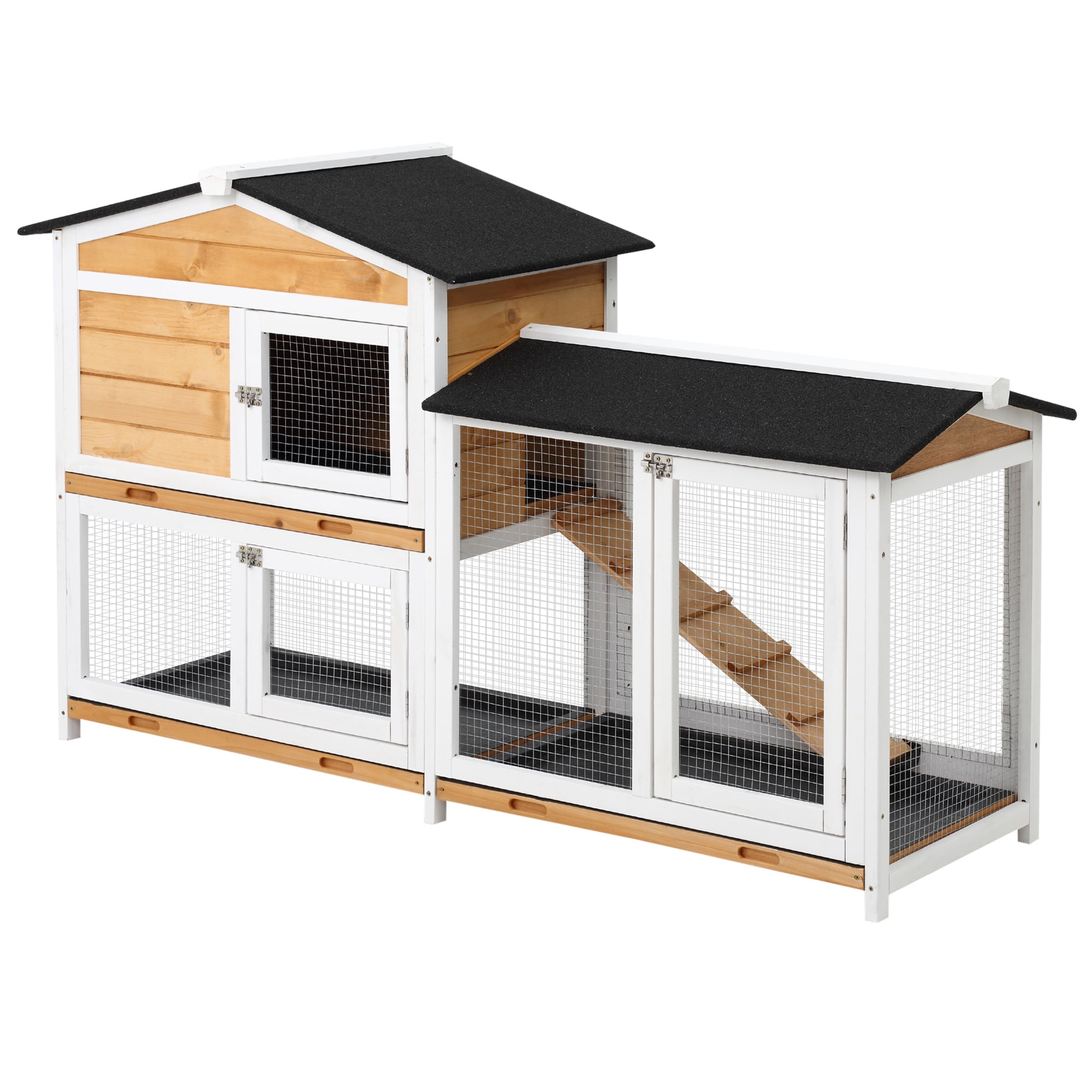 2-Story Rabbit Hutch Wooden Bunny Hutch Cage Small Animal House with Ramp, No Leak Tray, Weatherproof Roof and Outdoor Run, Indoor/Outdoor, Yellow