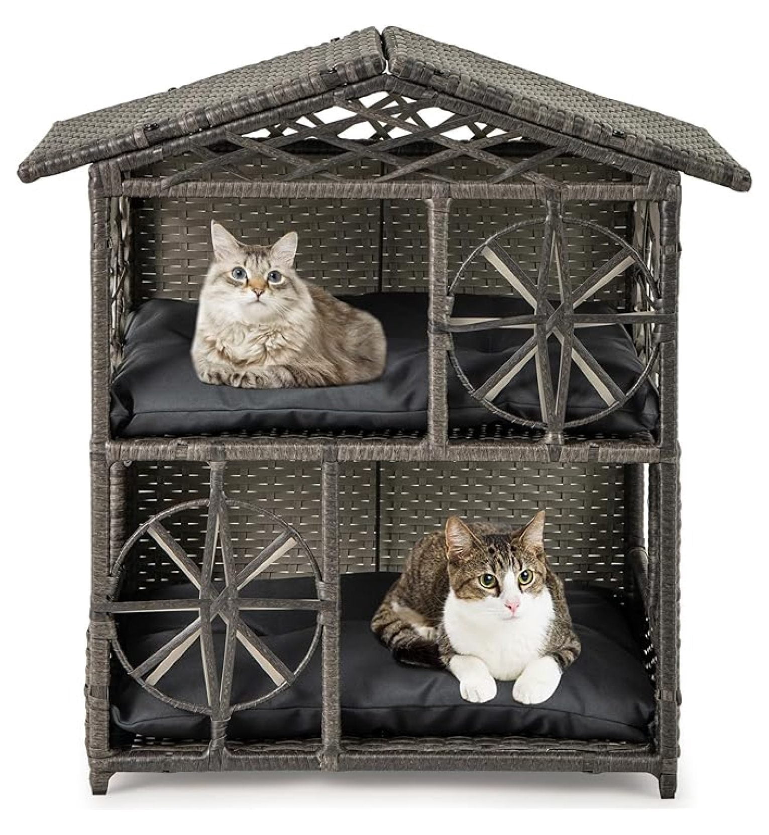 2-Story Rattan Cat House, Indoor Outdoor Aesthetic Large Kitten Cave Hideaway with Soft Removable Cushions, Side Entrances, 27 x 16 x 27.5 inches