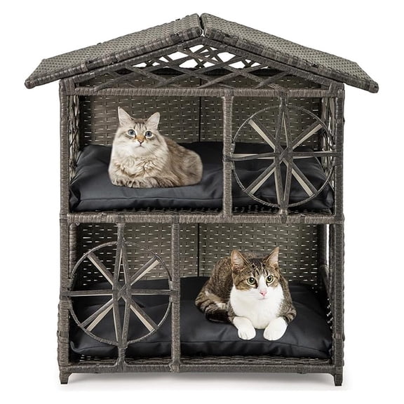 2-Story Rattan Cat House, Indoor Outdoor Aesthetic Large Kitten Cave Hideaway with Soft Removable Cushions, Side Entrances, 27 x 16 x 27.5 inches