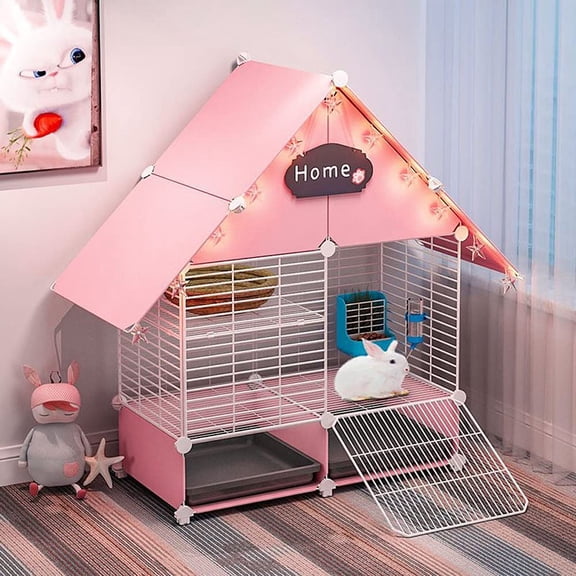 2-Story Small Rabbit Cage Indoor Bunny Hutch with 2 Deep Pull-Out Trays and Urine Guard, Guinea Pig Cage Metal Wire Netting Villa, Small Animals House for Ferret, Chinchilla, Hedgehog